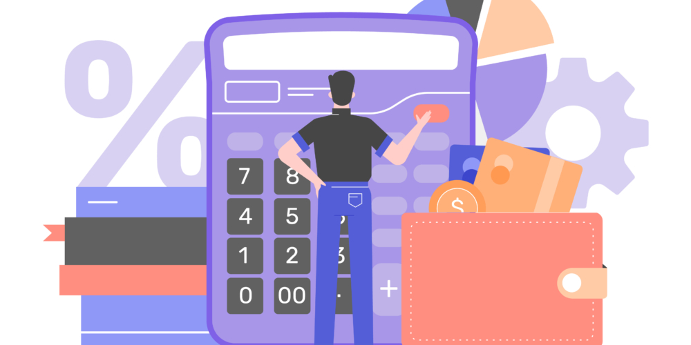 Man stands at a huge calculator. Finance and investments, budgeting. Vector flat illustration.