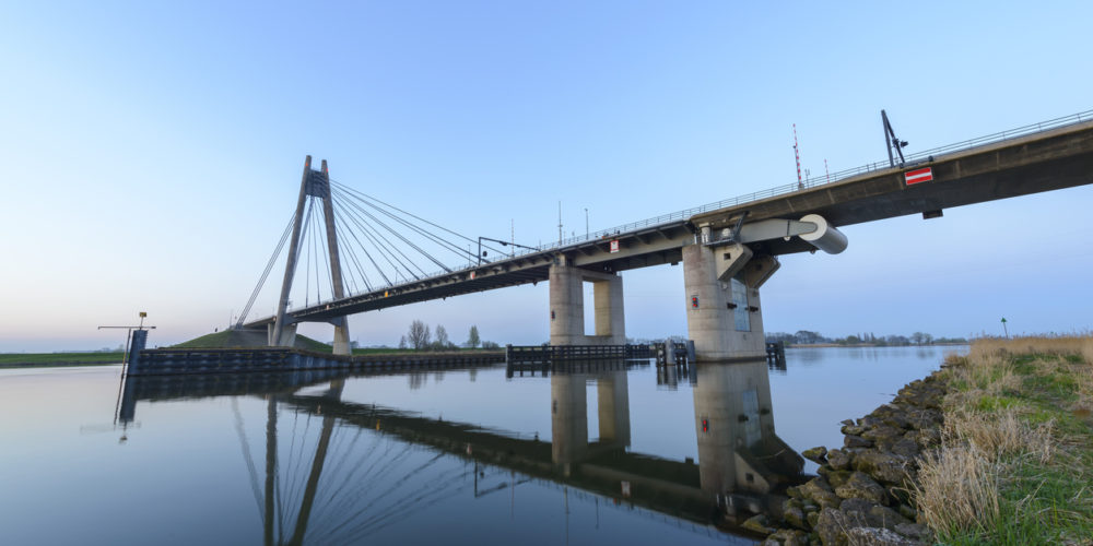 Eilandbrug suspension bridge over river IJssel in Overijssel, Netherlands