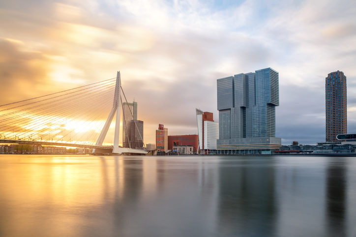 Rotterdam Skyline with Erasmusbrug bridge in morning ,Netherland