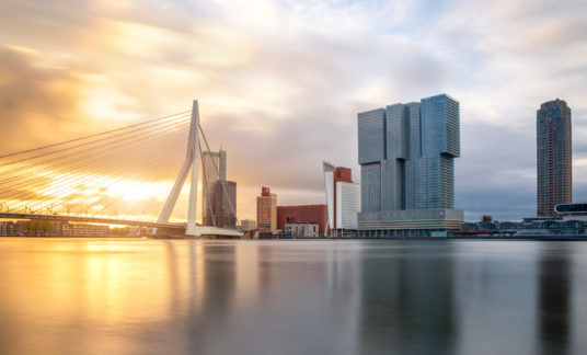 Rotterdam Skyline with Erasmusbrug bridge in morning ,Netherland