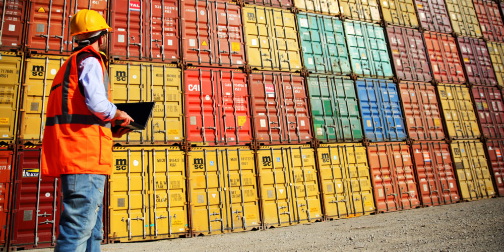 Commercial docks worker examining containers