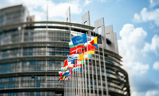 Flags in front of the European Parliament tilt-shift