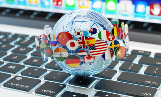 Global internet communication, online messaging and translation concept
