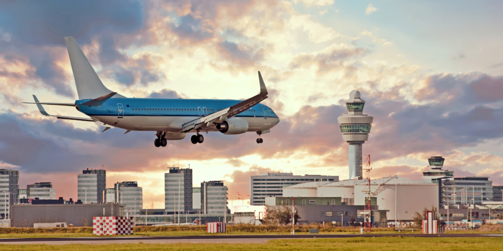 Airplane landing on Schiphol airport in Amsterdam in the Netherlands